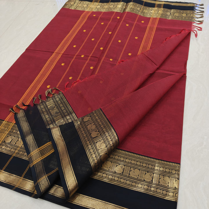Red With Black Butta Kanchi Cotton Saree