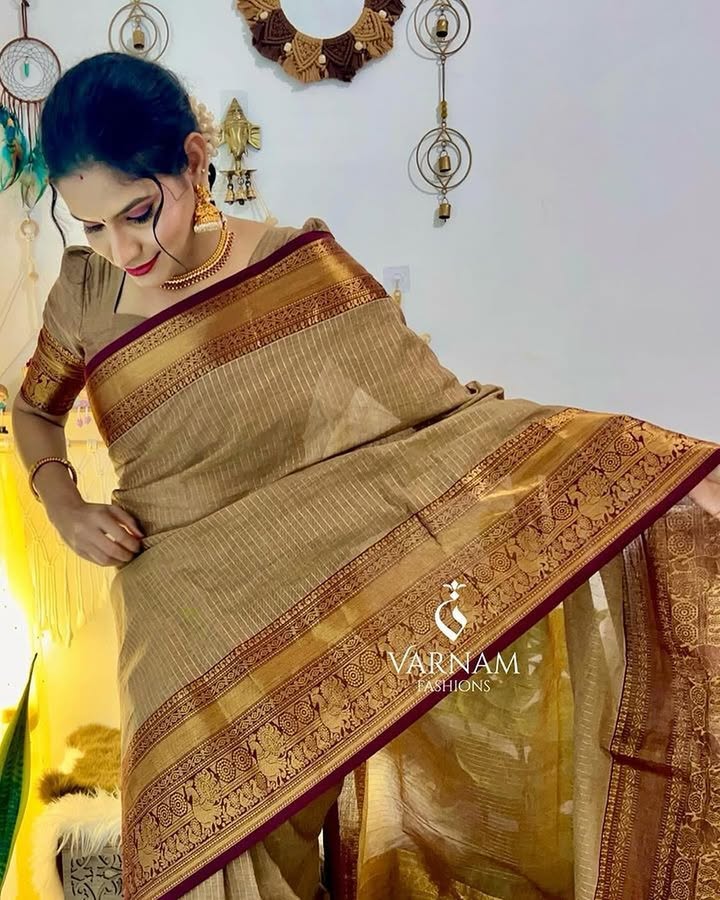 Beige With Maroon Rich Pallu Kanchi Cotton Saree