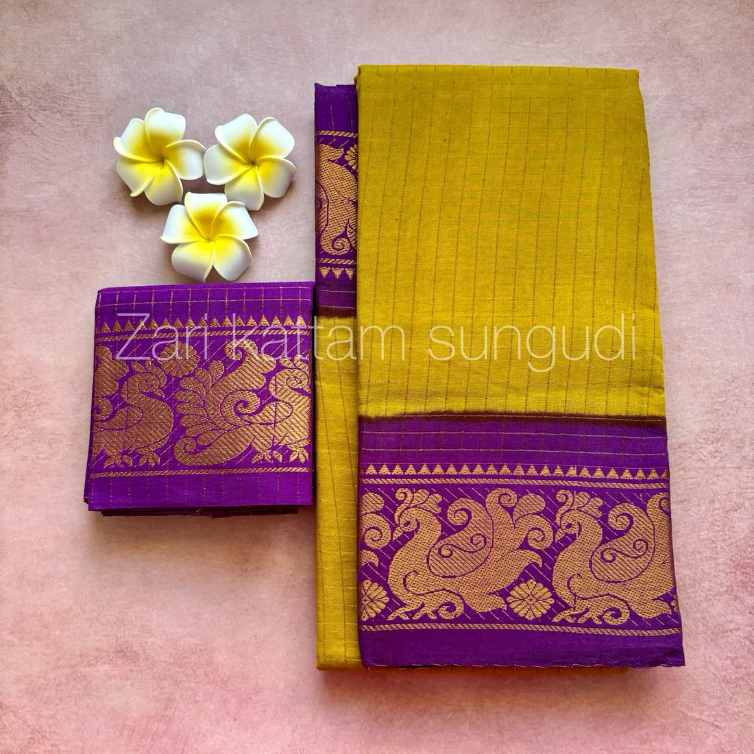 Mustard and Purple Zari Kattam Sungudi Cotton Saree