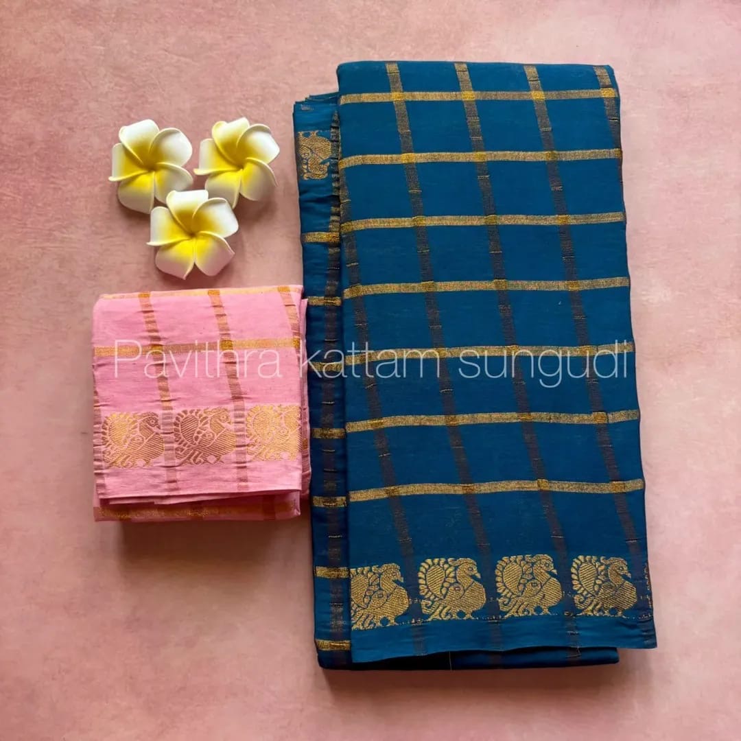 Peacock Blue Pavithra Kattam Sungudi Cotton Saree