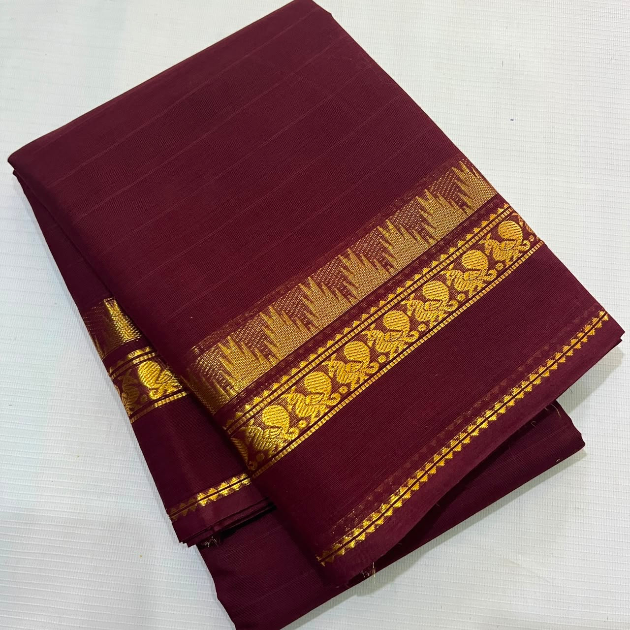 Maroon Kanchi Cotton Saree With Peacock Tower Border