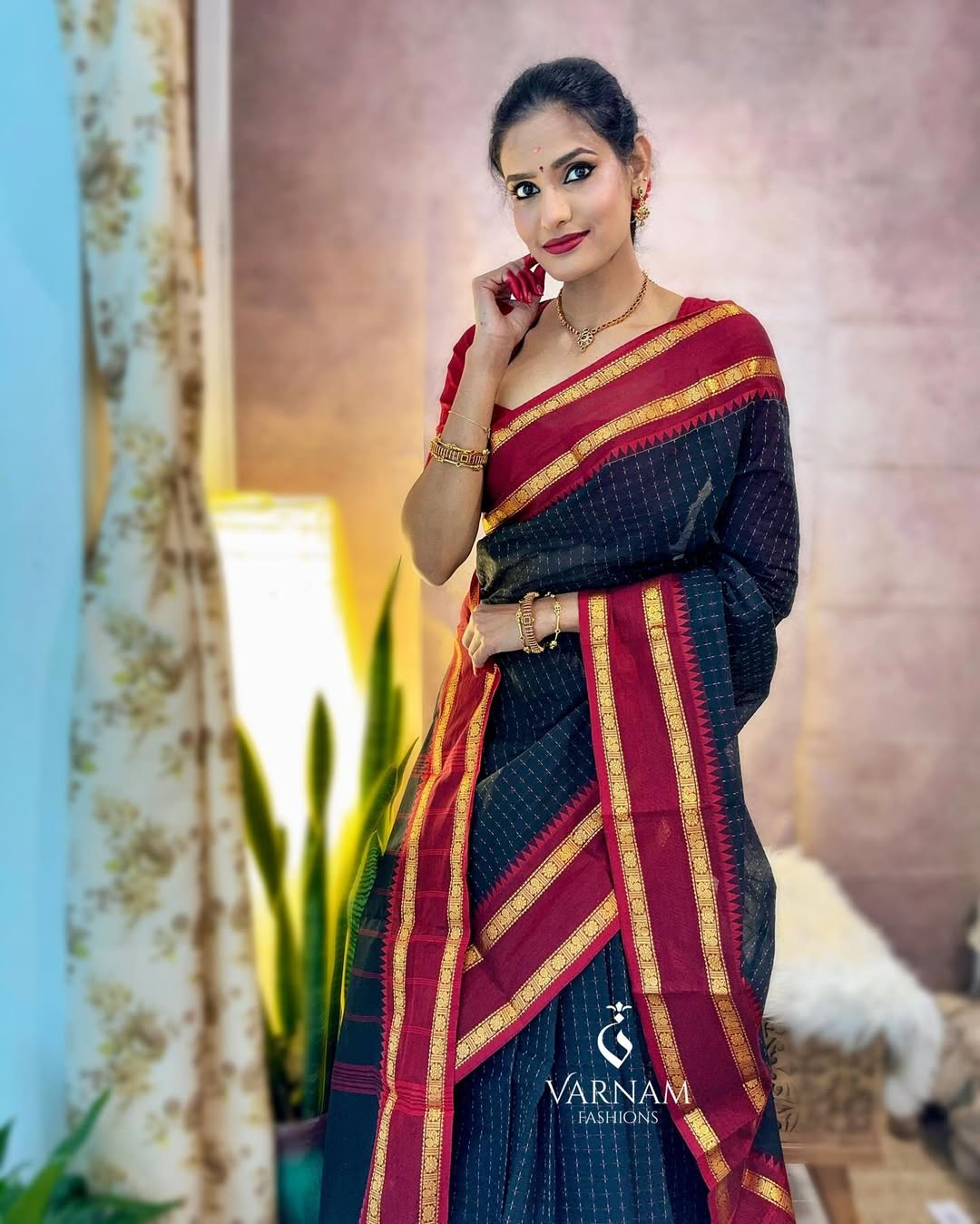 Black With Red Kanchi Cotton Saree