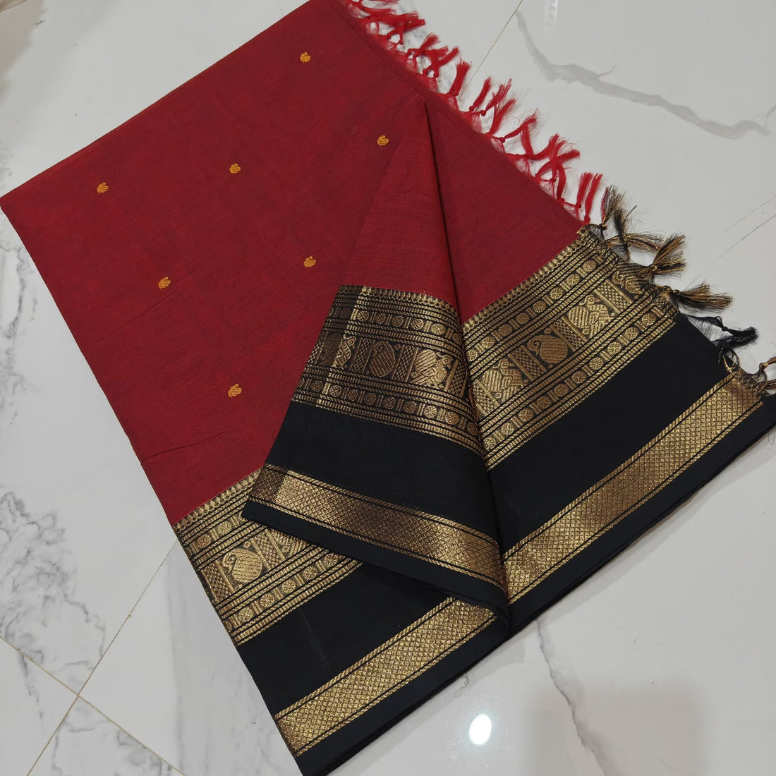 Red With Black Butta Kanchi Cotton Saree
