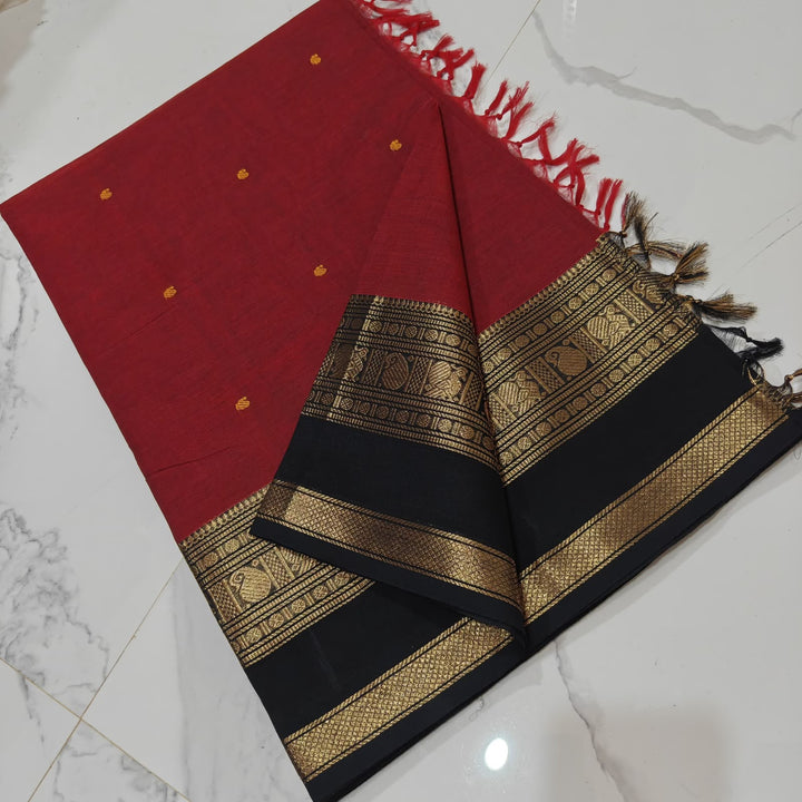 Red With Black Butta Kanchi Cotton Saree