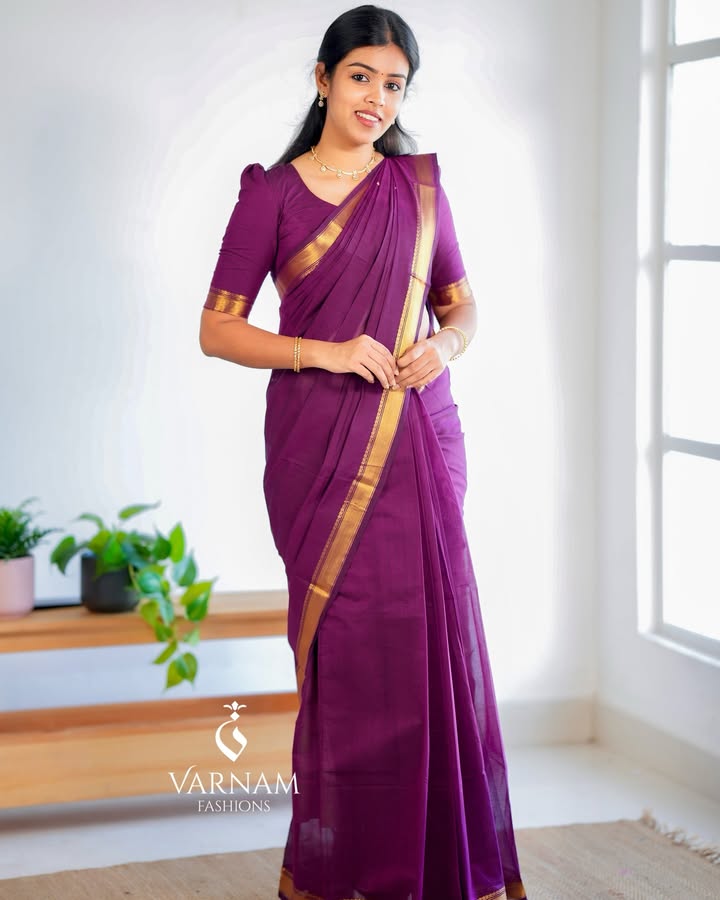 Purple With Small Zari Border Kanchi Cotton Saree