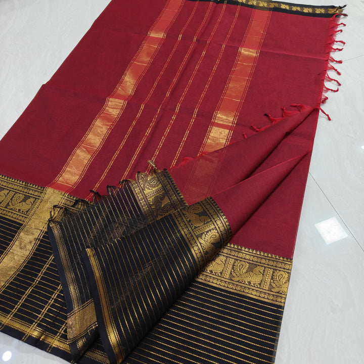Red With Black Vairaoosi Border Kanchi Cotton Saree