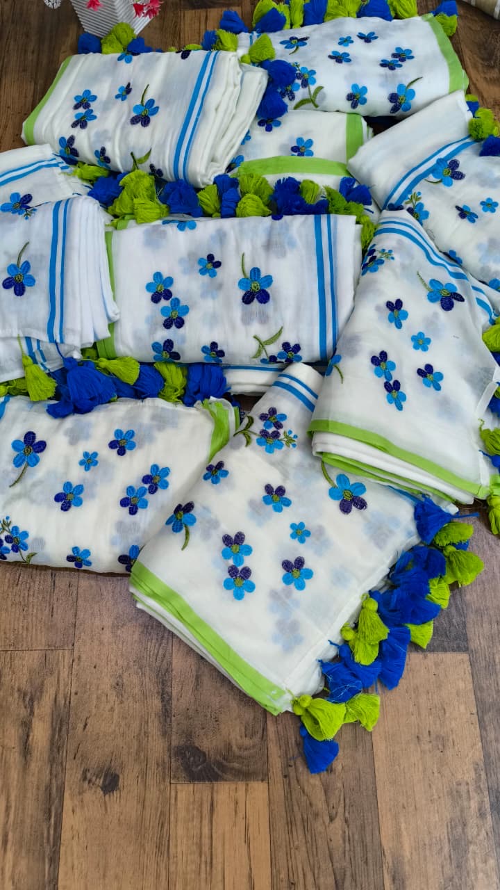 Flower Embroidery Work Mul Cotton Saree