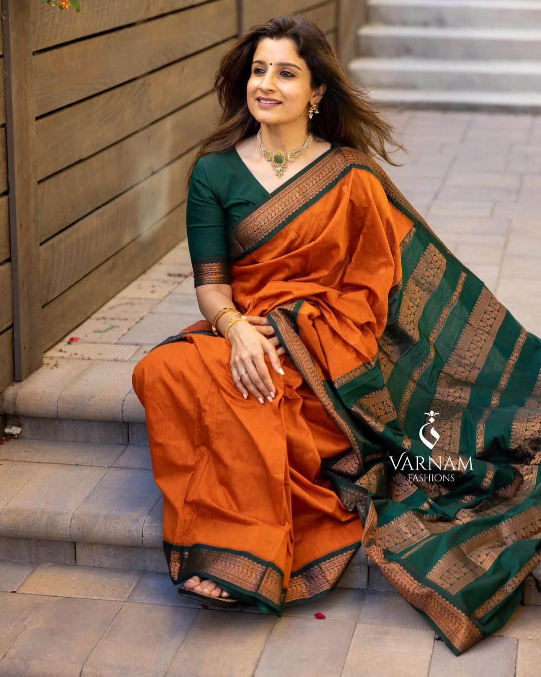 Orange With Green Butta Kalyani Cotton Saree