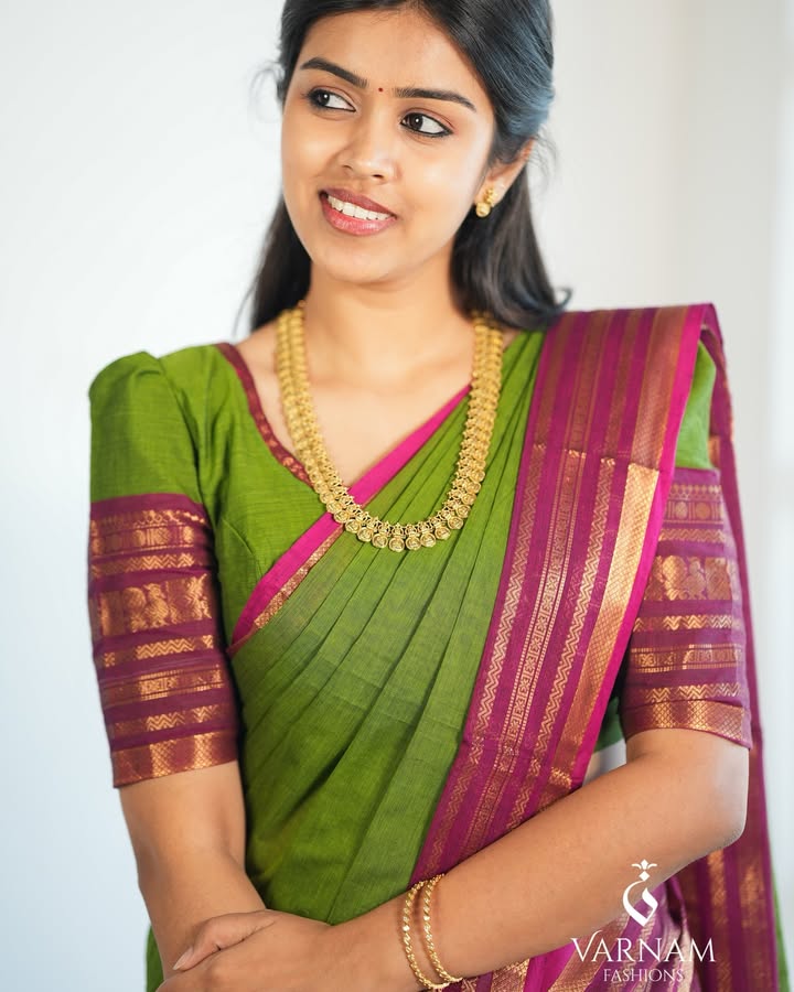 Green With Pink Border Kanchi Cotton Saree