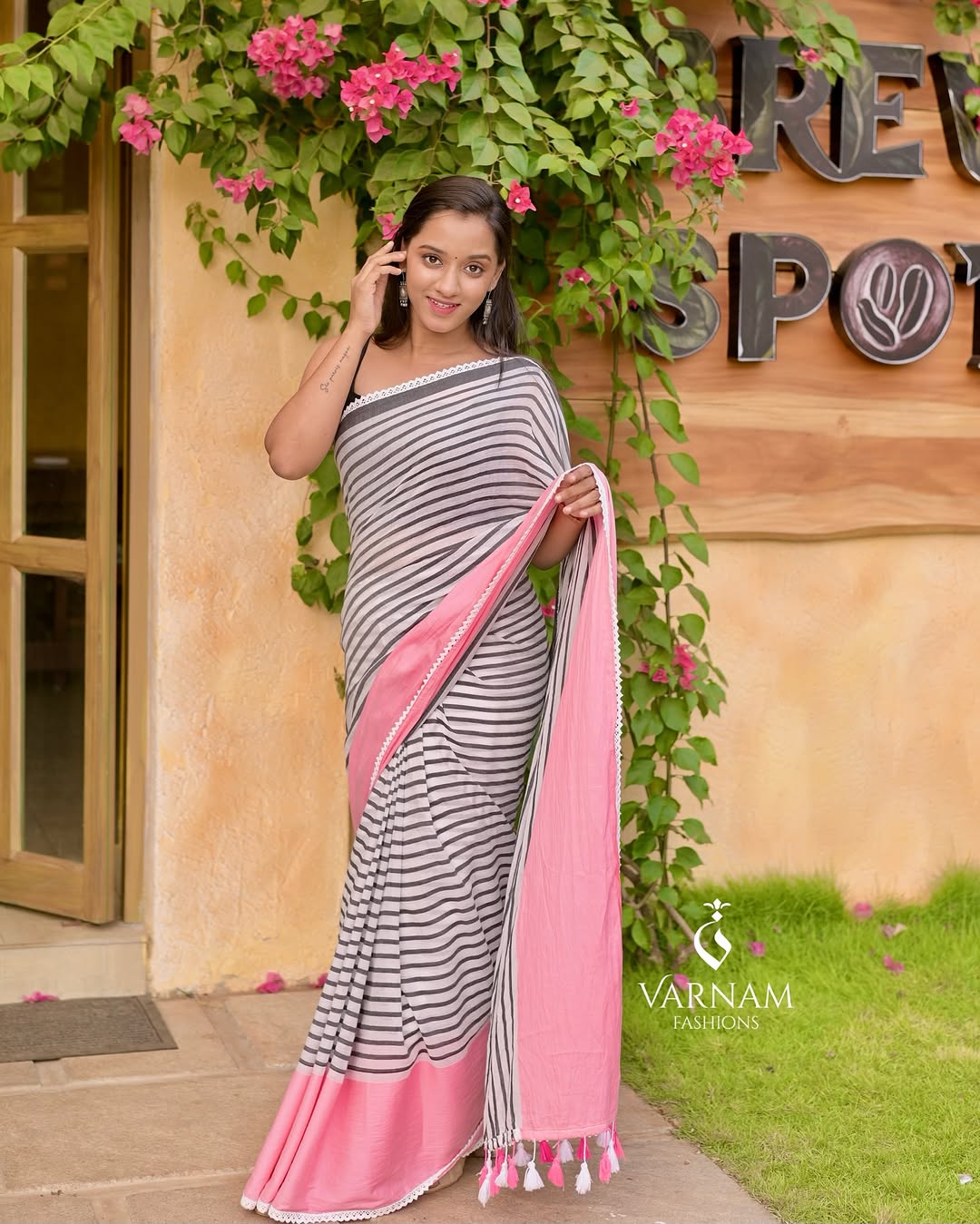 Pink Border Stripes Mul Cotton Saree