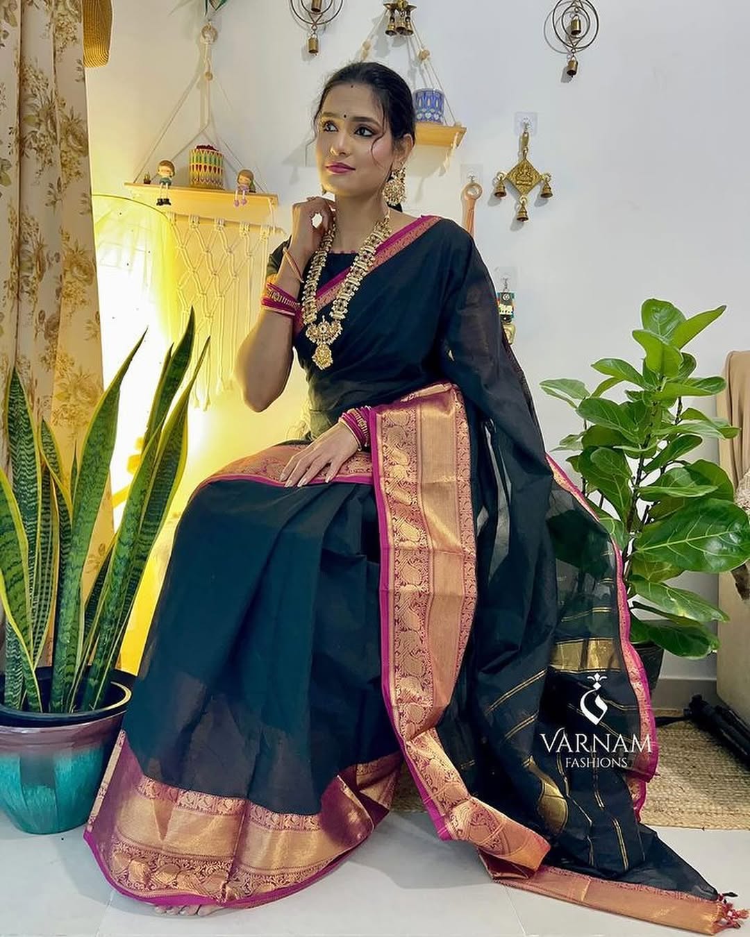 Black With Pink Kanchi Cotton Saree