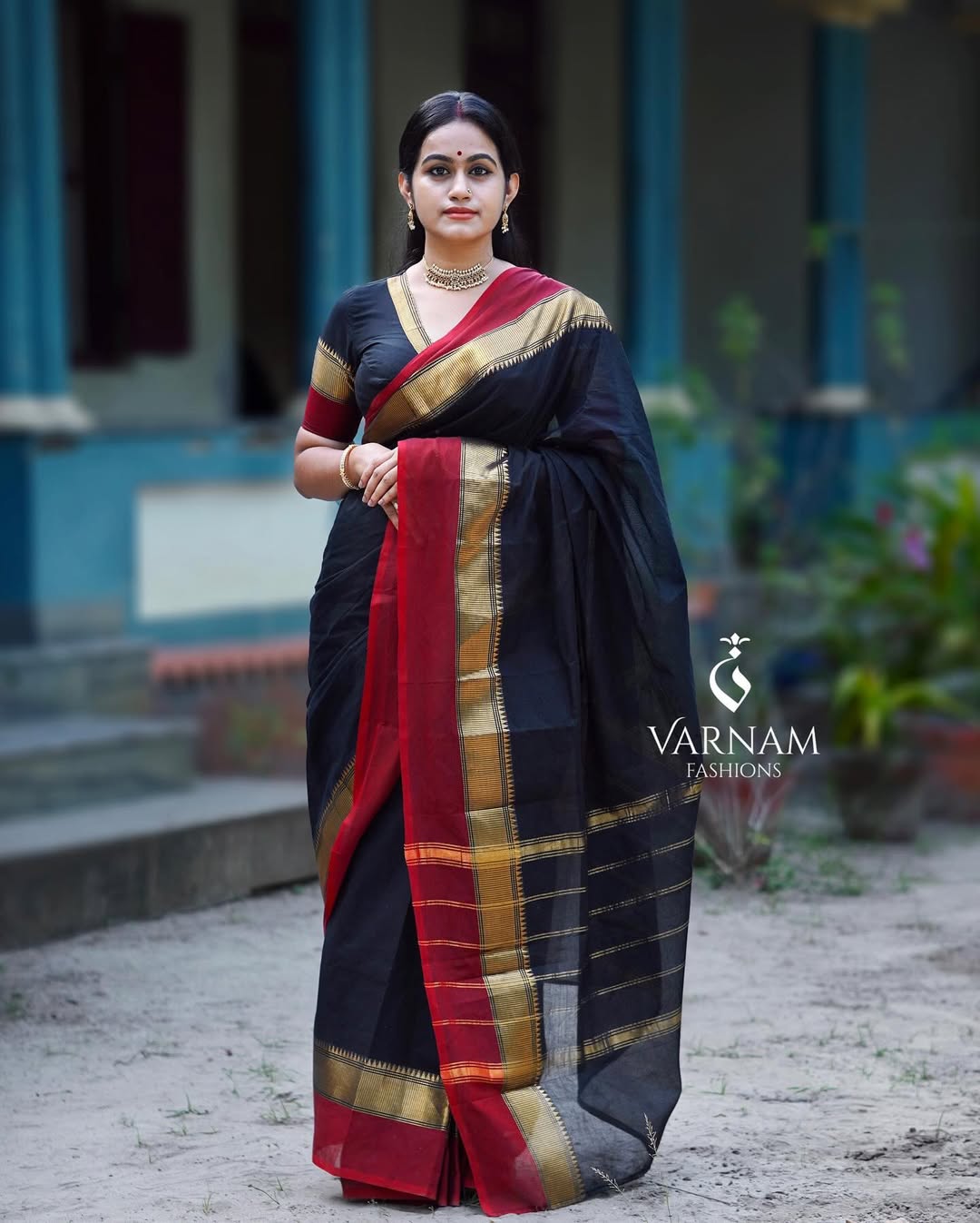 Black with Red Double Border Kanchi Cotton Saree