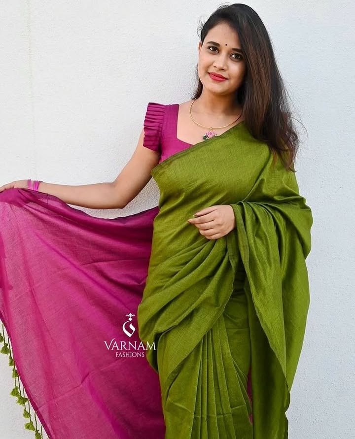 Green With Pink Khadi Cotton Saree