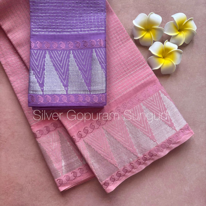 Gopuram Silver Sungudi Cotton Saree