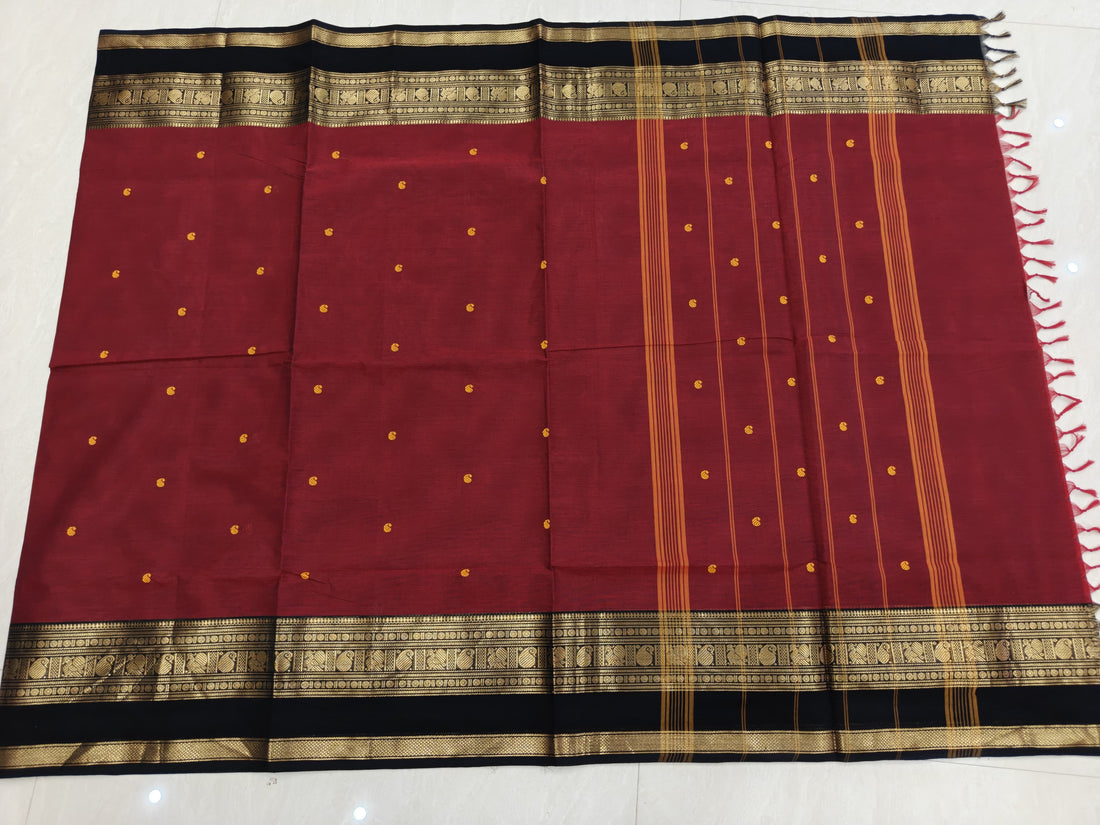 Red With Black Butta Kanchi Cotton Saree