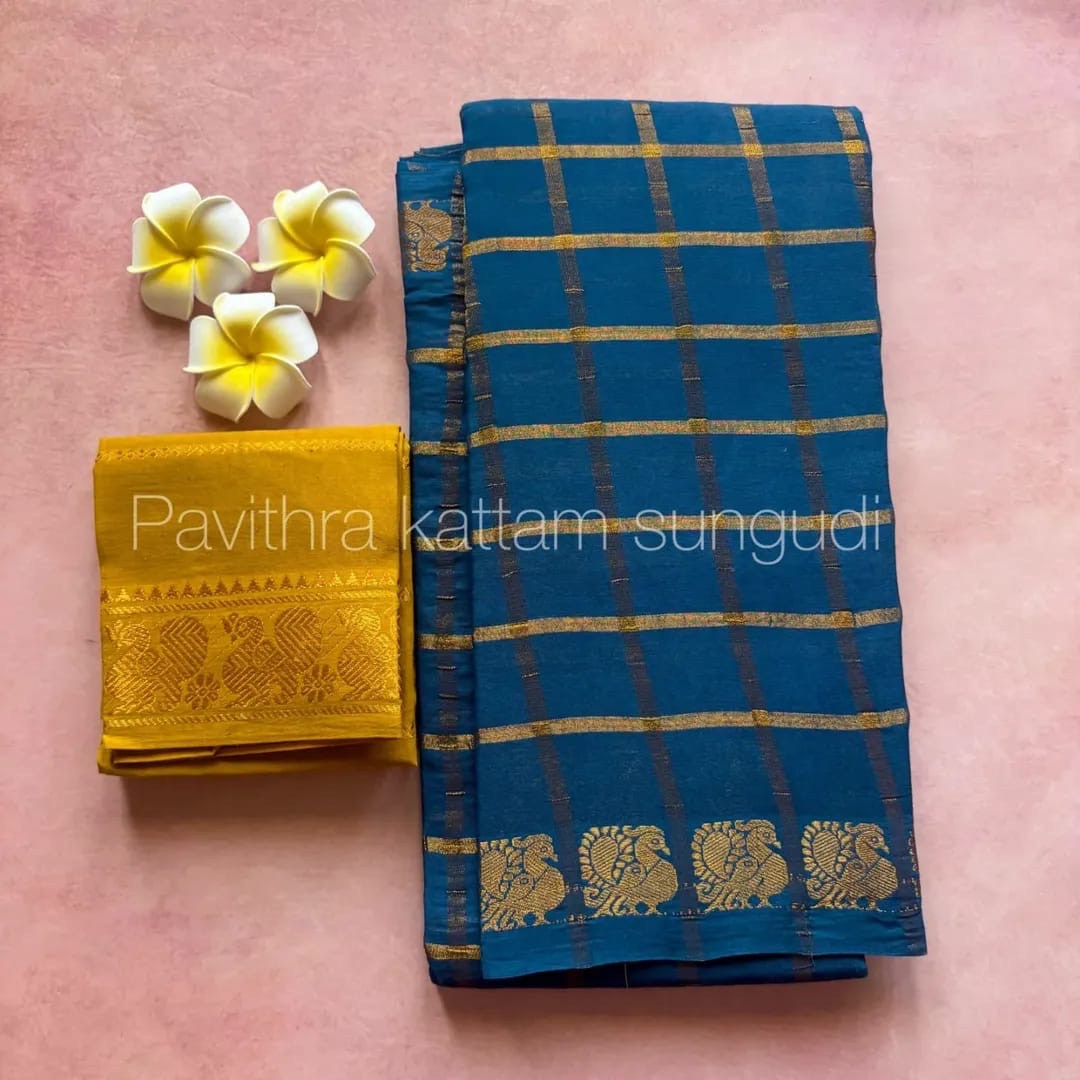 Peacock Blue Pavithra Kattam Sungudi Cotton Saree