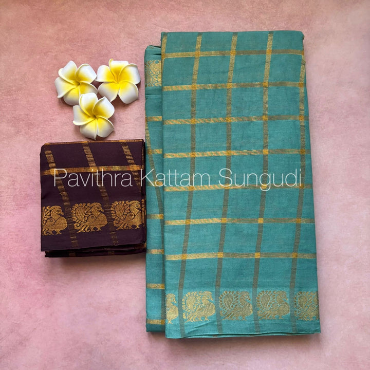 Seagreen Pavithra Kattam Sungudi Cotton Saree