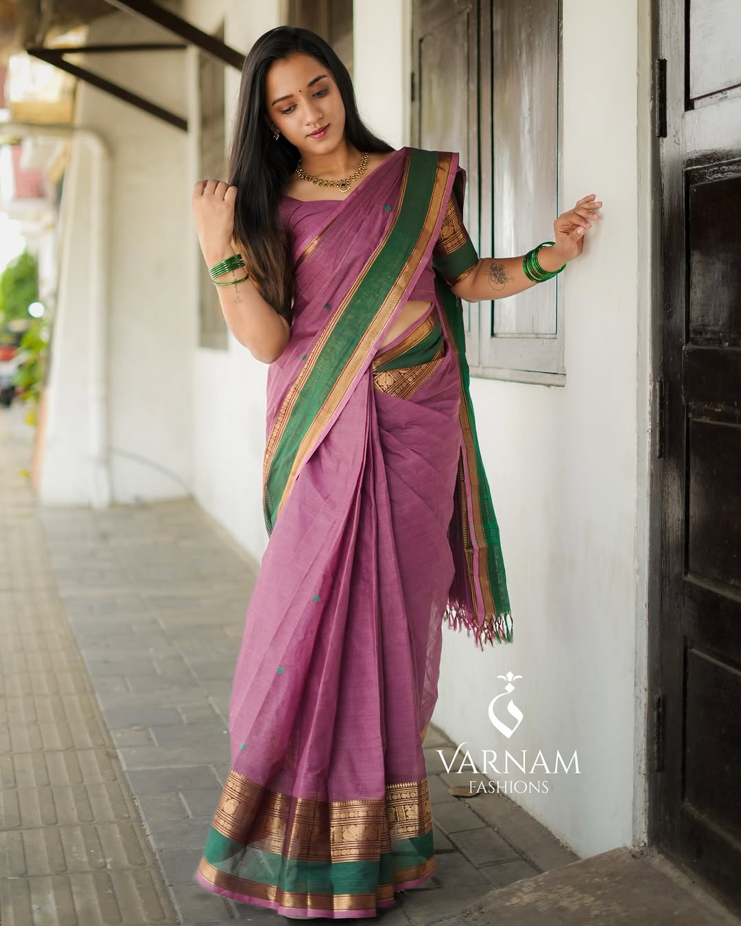 Pink With Green Kanchi Cotton Saree