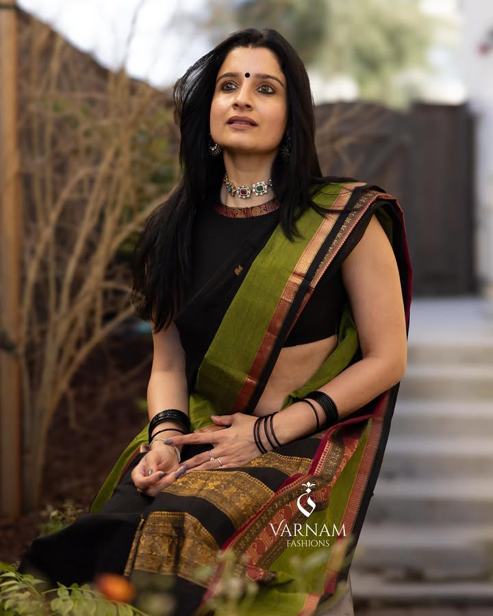 Black With Green Rich Pallu Kanchi Cotton Saree