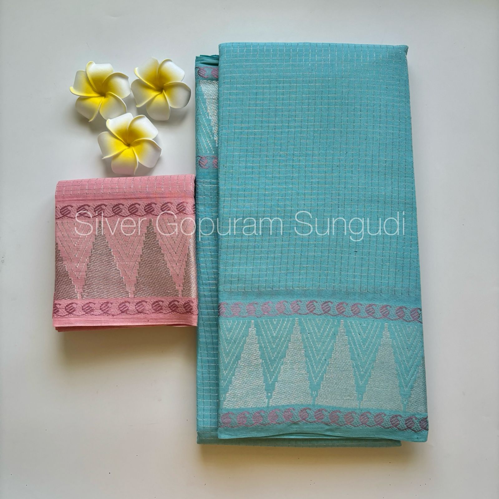 Gopuram Silver Sungudi Cotton Saree