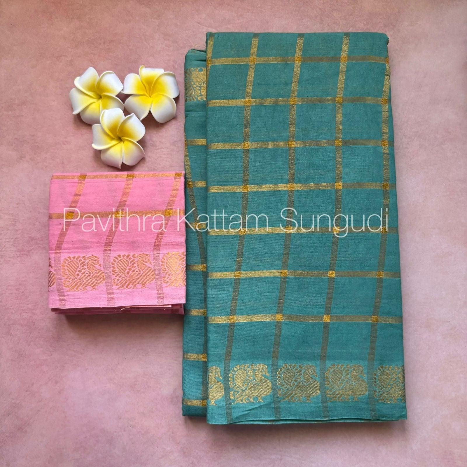 Seagreen Pavithra Kattam Sungudi Cotton Saree