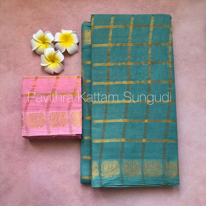 Seagreen Pavithra Kattam Sungudi Cotton Saree