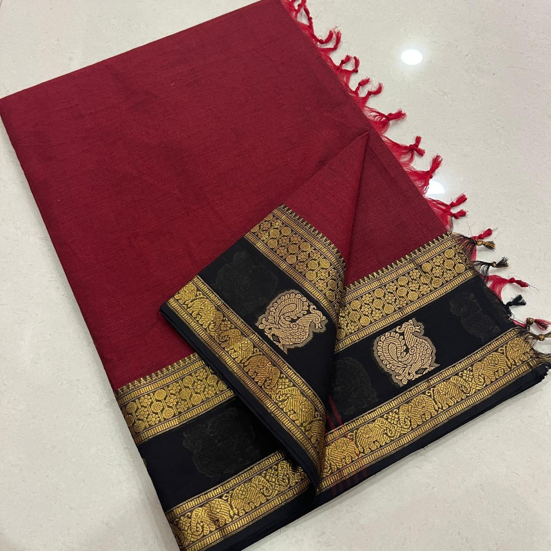 Red With Black Kanchi Cotton Rettapetta Border