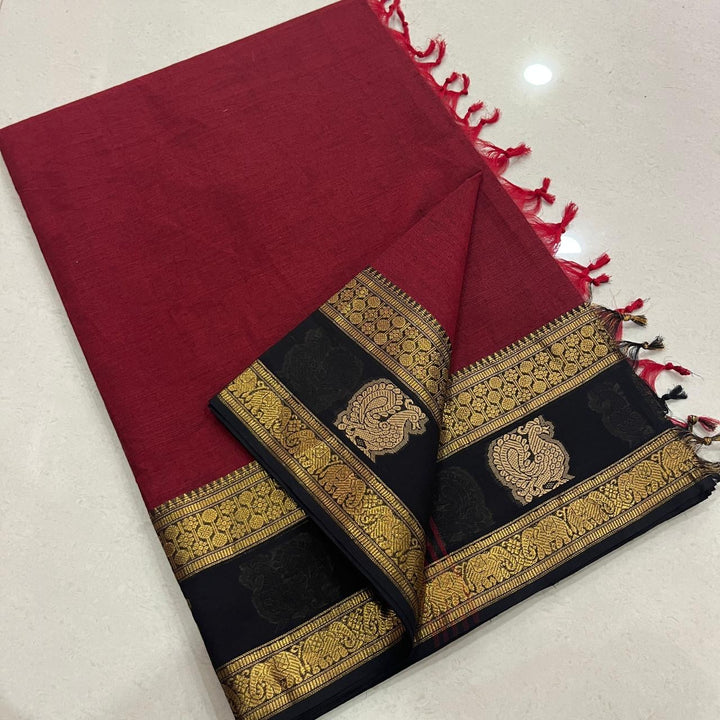 Red With Black Kanchi Cotton Rettapetta Border