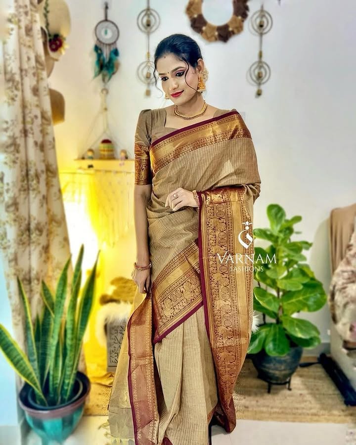 Beige With Maroon Rich Pallu Kanchi Cotton Saree