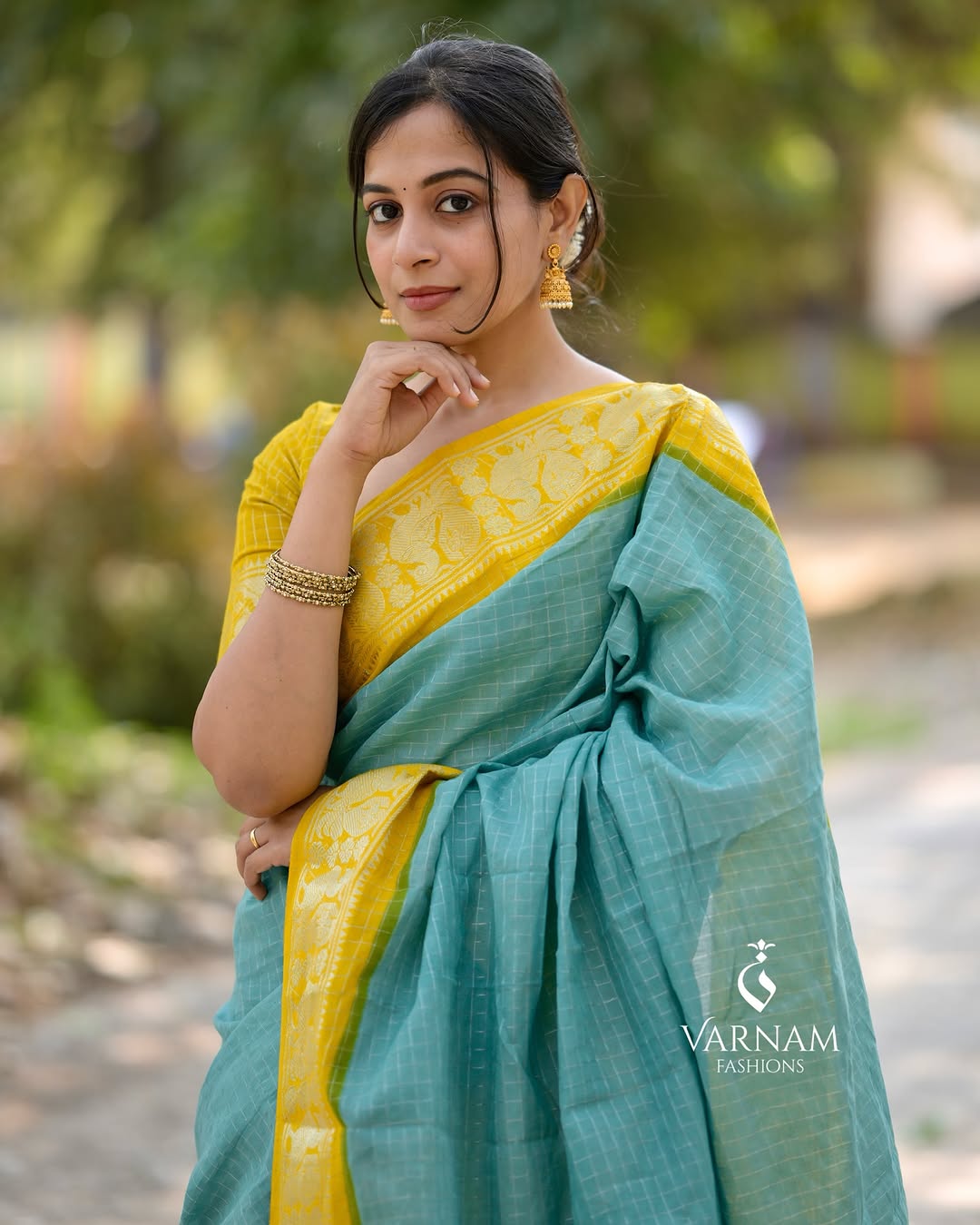 Seagreen With Mustard Silver Zari Kattam Sungudi Cotton Saree