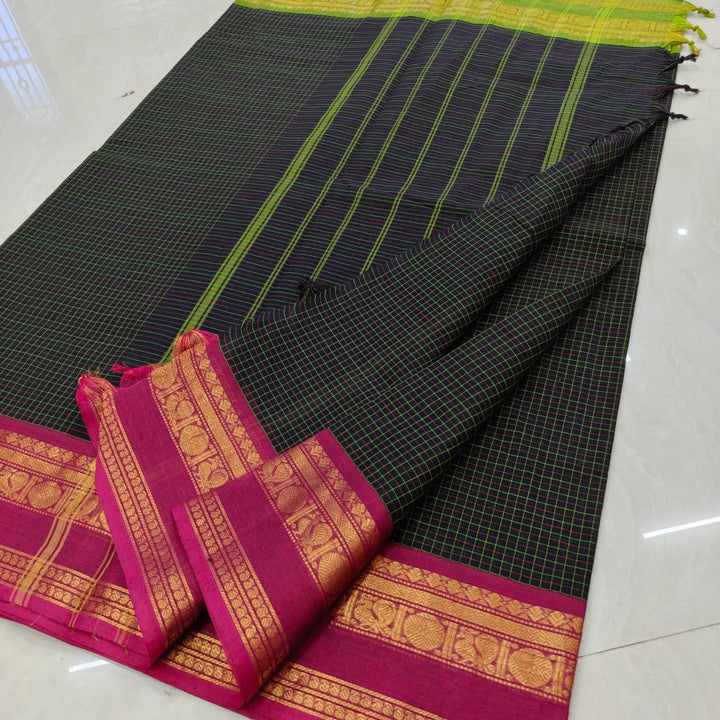 Black Ganga Jamuna Kanchi Cotton Saree with Green and Pink Border