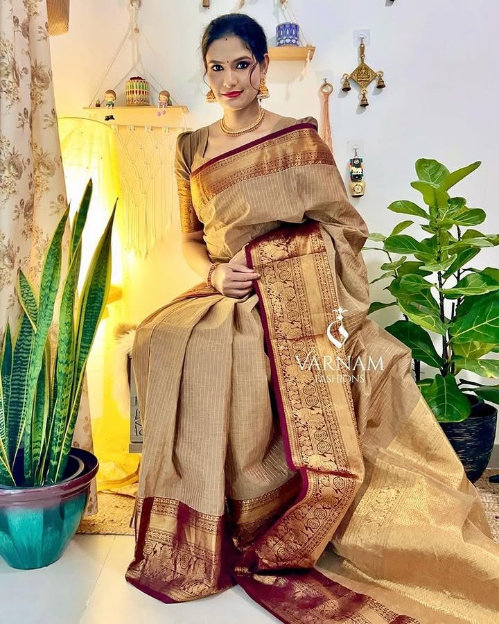 Beige With Maroon Rich Pallu Kanchi Cotton Saree