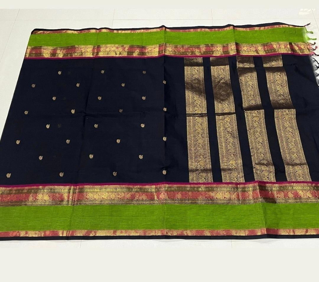 Black With Green Rich Pallu Kanchi Cotton Saree
