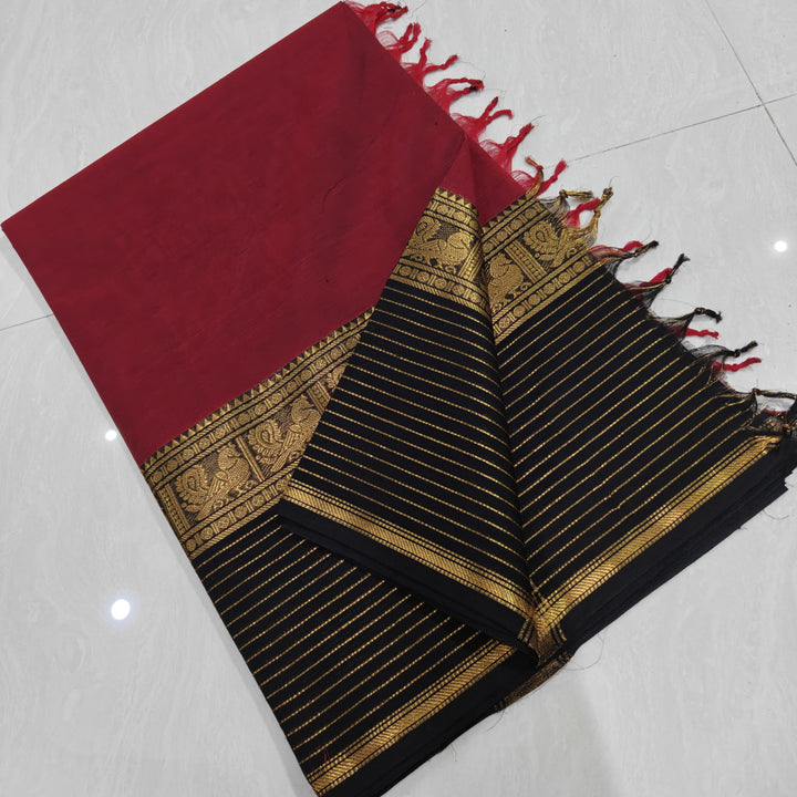 Red With Black Vairaoosi Border Kanchi Cotton Saree