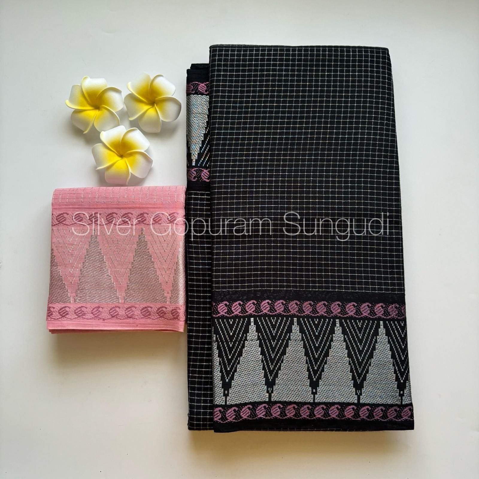 Gopuram Silver Sungudi Cotton Saree