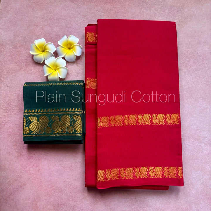 Red Rettapetta Plain Sungudi Cotton Saree