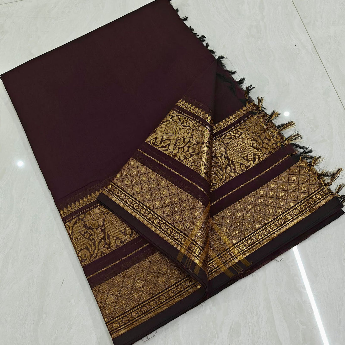 Brown Kanchi Cotton Saree With Elephant Border