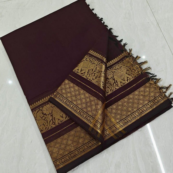 Brown Kanchi Cotton Saree With Elephant Border