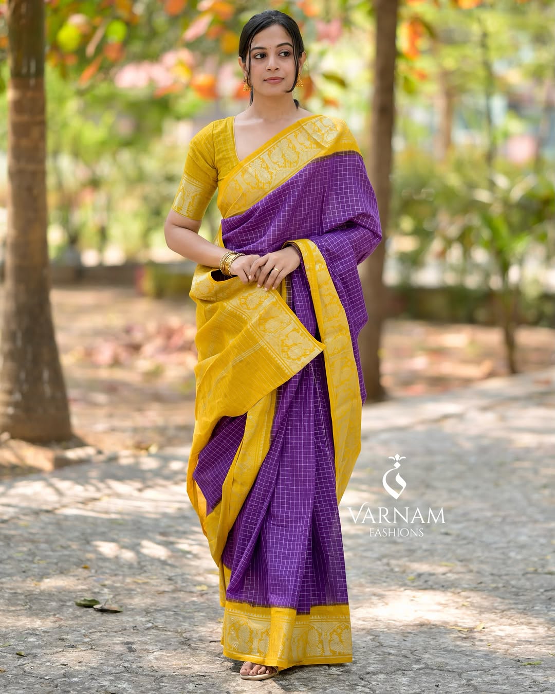 Purple With Mustard Silver Zari Kattam Sungudi Cotton Saree
