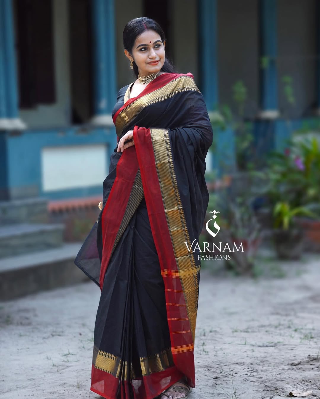 Black with Red Double Border Kanchi Cotton Saree