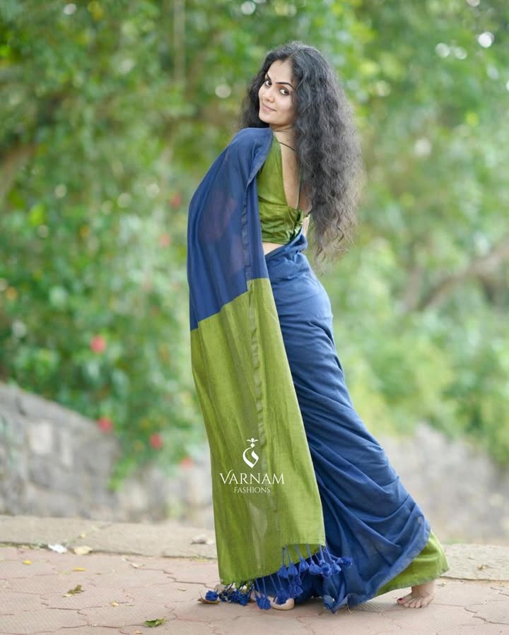 Blue With Green Khadi Cotton Saree