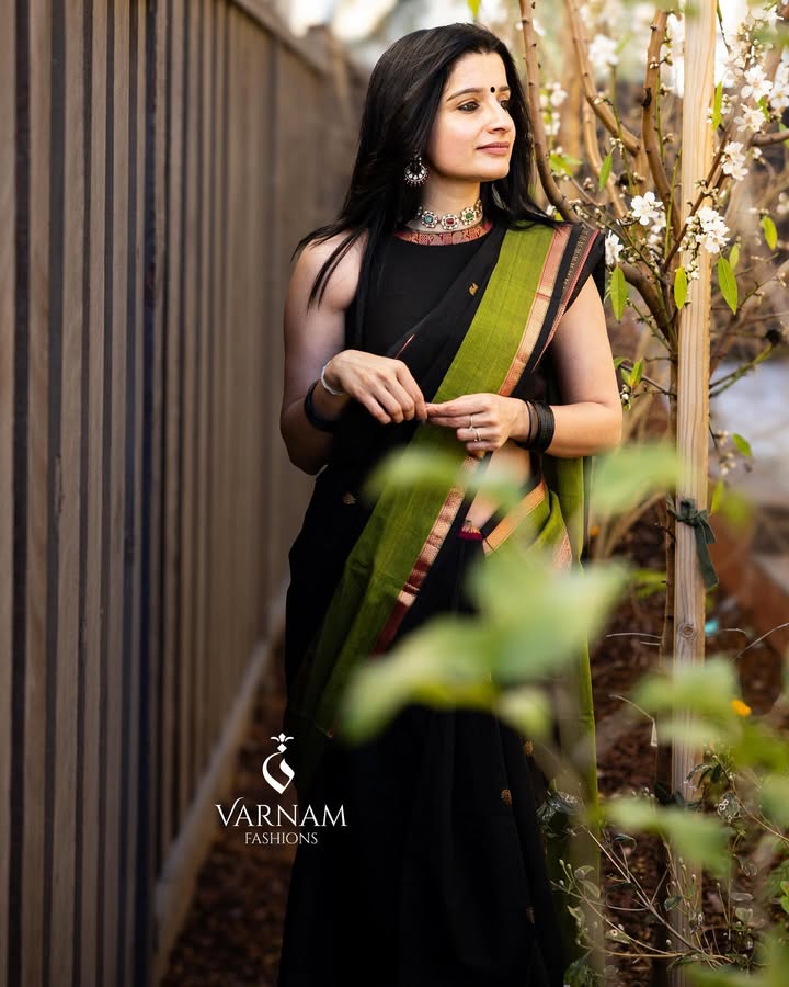 Black With Green Rich Pallu Kanchi Cotton Saree