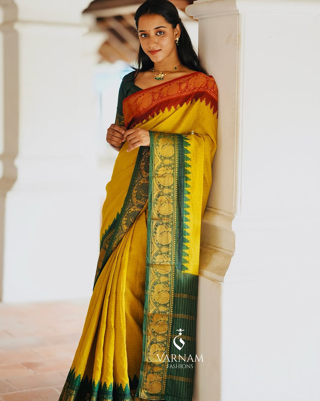 Mustard Ganga Jamuna Sungudi Cotton Saree