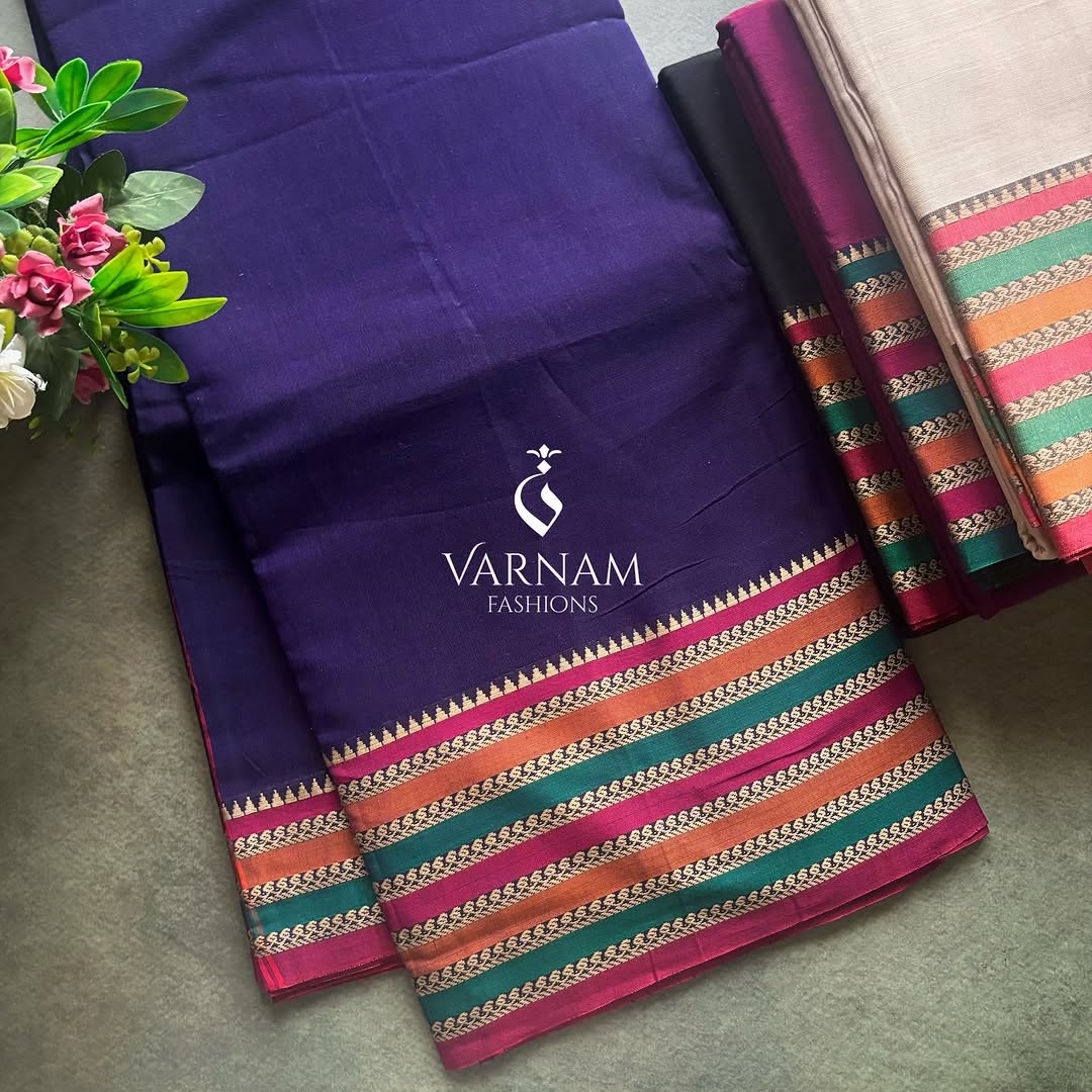 Plain Narayanpet Sarees With Multicolour Border