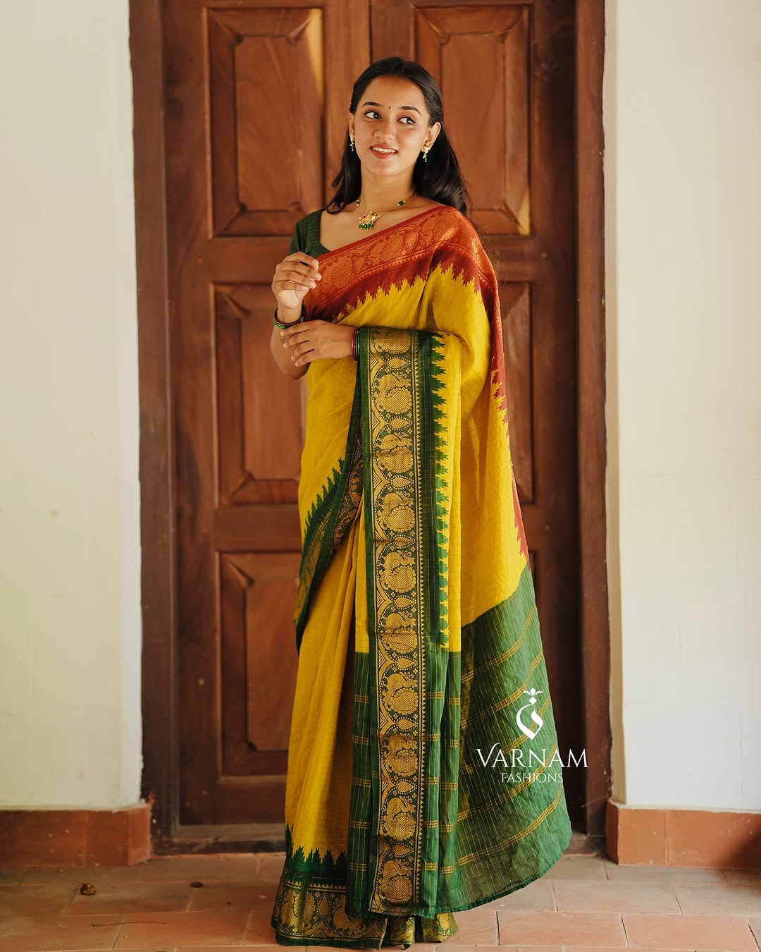 Mustard Ganga Jamuna Sungudi Cotton Saree