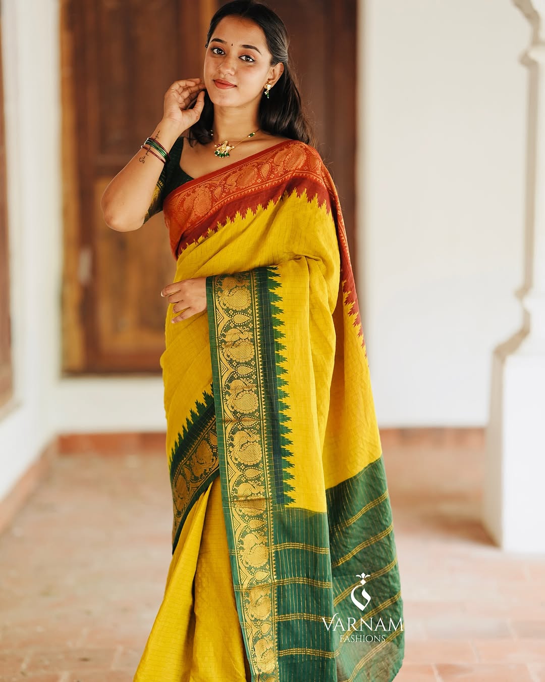 Mustard Ganga Jamuna Sungudi Cotton Saree