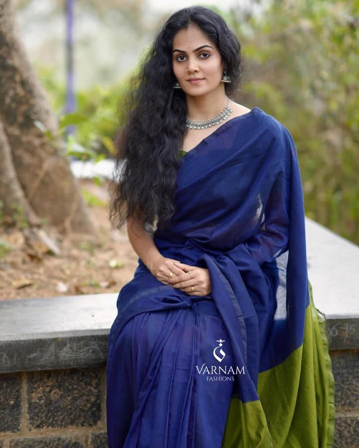 Blue With Green Khadi Cotton Saree
