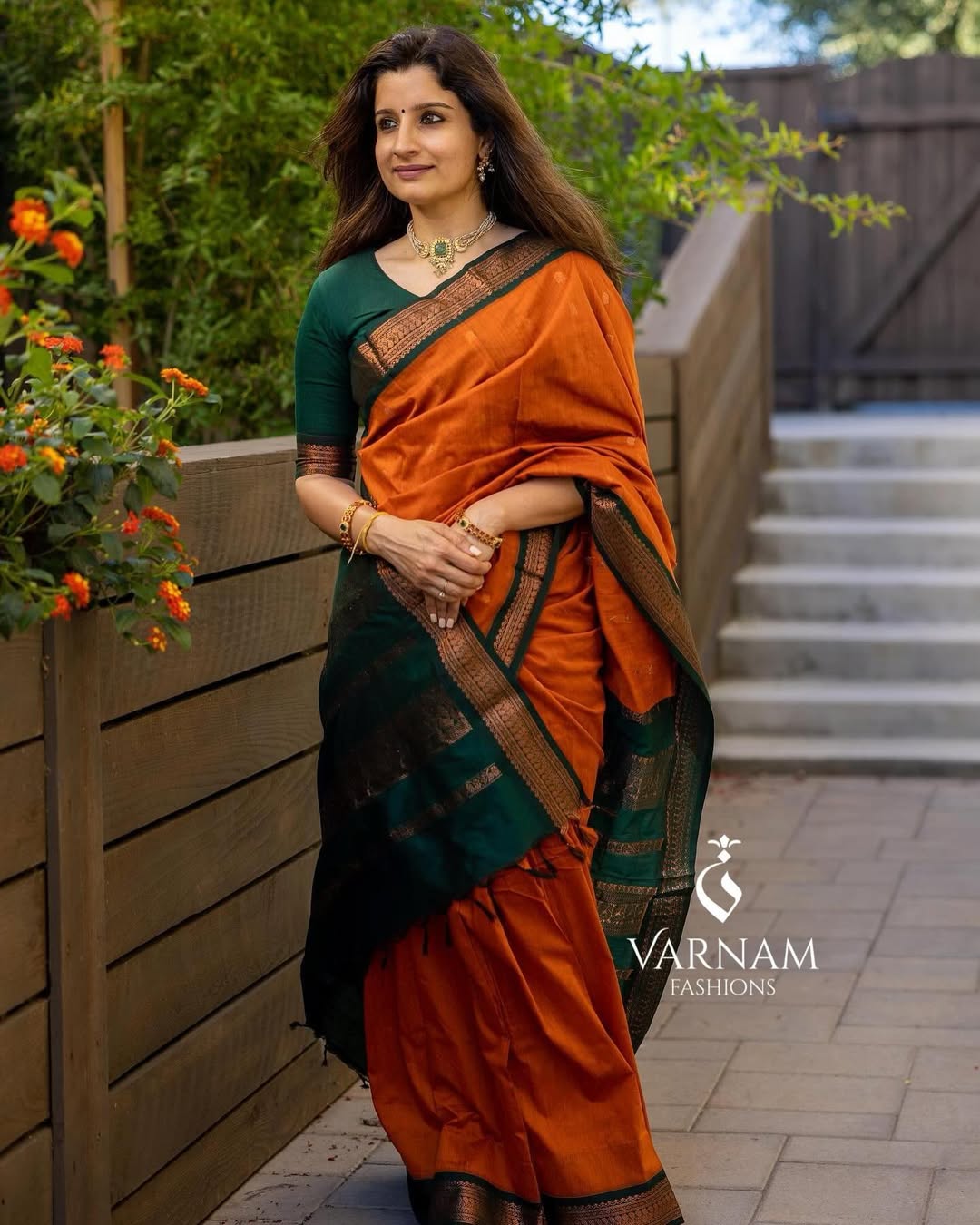 Orange With Green Butta Kalyani Cotton Saree