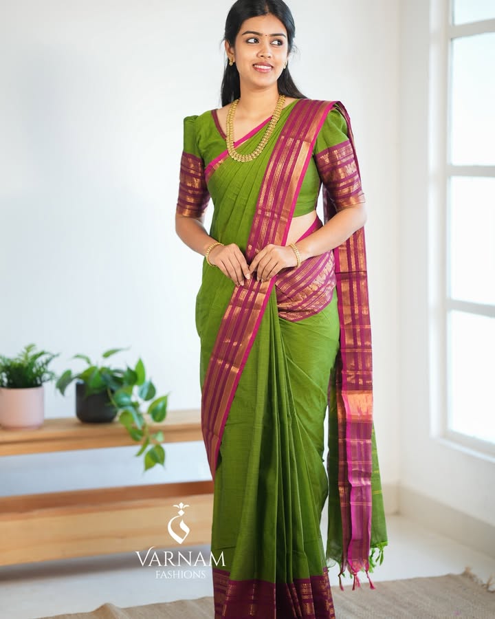 Green With Pink Border Kanchi Cotton Saree