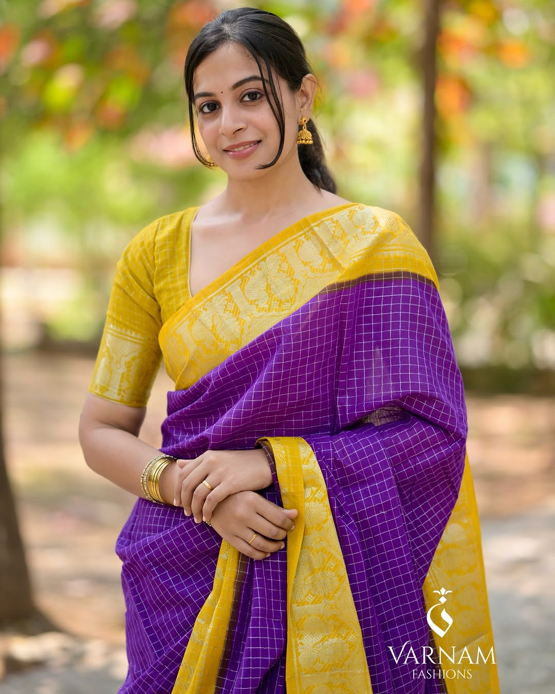 Purple With Mustard Silver Zari Kattam Sungudi Cotton Saree
